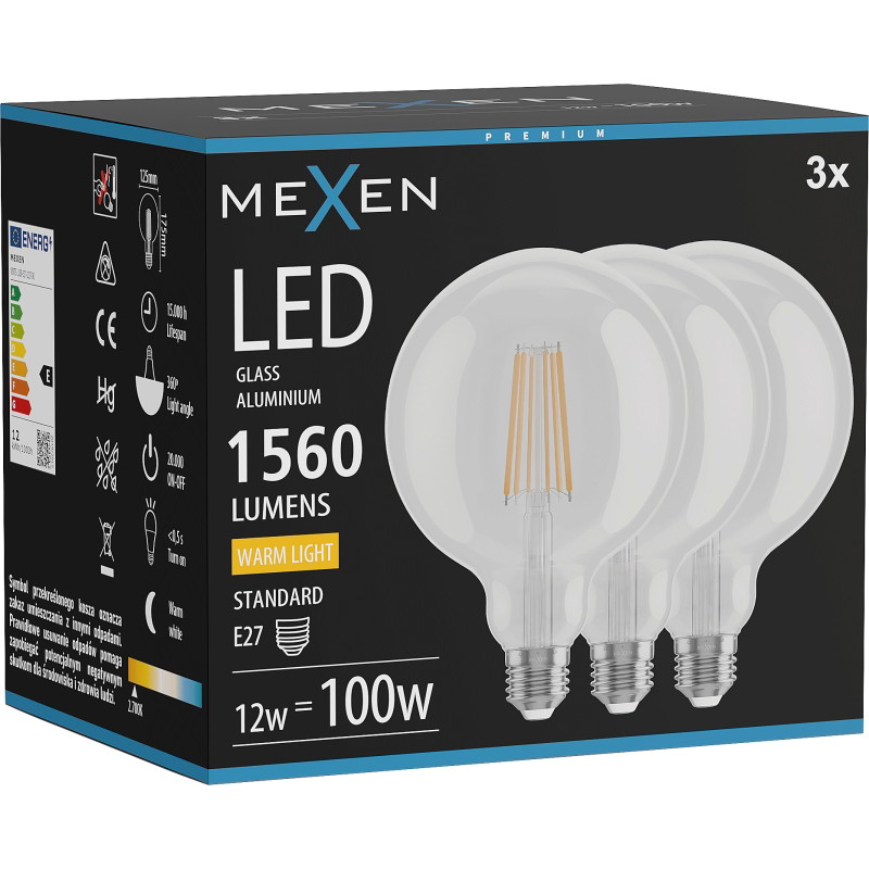 Mexen Vintis 3x Žiarovka filament LED E27, G125, 12W, Teplá - 2700K, 1560 lm, číra - L158-E27-1227-00x03