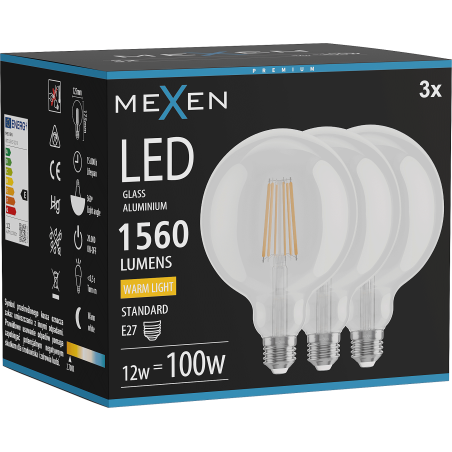 Mexen Vintis 3x Žiarovka filament LED E27, G125, 12W, Teplá - 2700K, 1560 lm, číra - L158-E27-1227-00x03