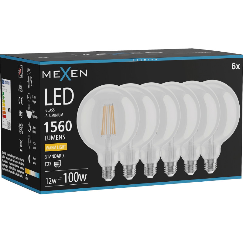 Mexen Vintis 6x LED filamentná žiarovka E27, G125, 12W, Teplá - 2700K, 1560 lm, číra - L158-E27-1227-00x06