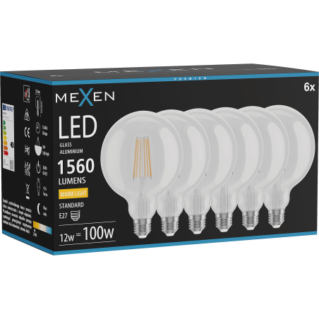 Mexen Vintis 6x LED filamentná žiarovka E27, G125, 12W, Teplá - 2700K, 1560 lm, číra - L158-E27-1227-00x06