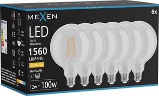 Mexen Vintis 6x LED filamentná žiarovka E27, G125, 12W, Teplá - 2700K, 1560 lm, číra - L158-E27-1227-00x06
