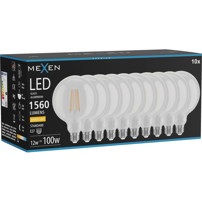 Mexen Vintis 10x Žiarovka filament LED E27, G125, 12W, Teplá - 2700K, 1560 lm, číra - L158-E27-1227-00x10