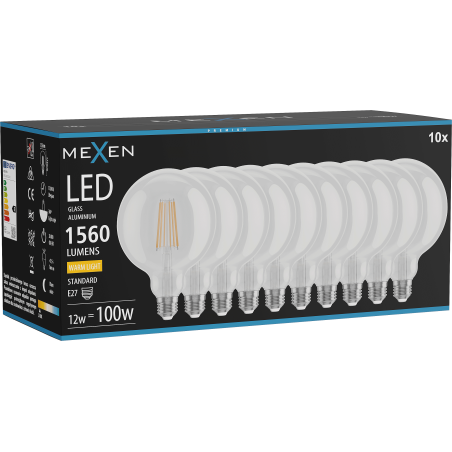 Mexen Vintis 10x Žiarovka filament LED E27, G125, 12W, Teplá - 2700K, 1560 lm, číra - L158-E27-1227-00x10