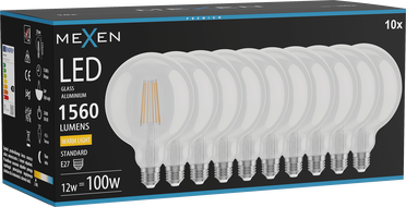 Mexen Vintis 10x Žiarovka filament LED E27, G125, 12W, Teplá - 2700K, 1560 lm, číra - L158-E27-1227-00x10