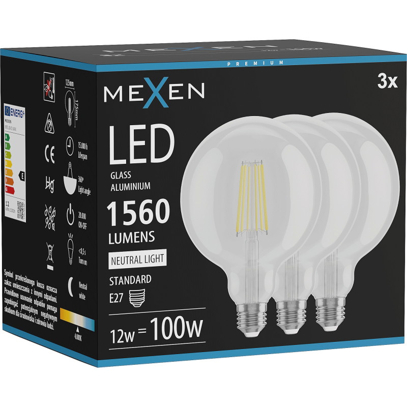 Mexen Vintis 3x LED filament žiarovka E27, G125, 12W, Neutrálna - 4000K, 1560 lm, číra - L158-E27-1240-00x03