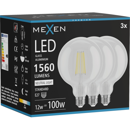 Mexen Vintis 3x LED filament žiarovka E27, G125, 12W, Neutrálna - 4000K, 1560 lm, číra - L158-E27-1240-00x03