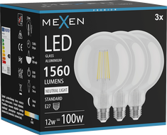 Mexen Vintis 3x LED filament žiarovka E27, G125, 12W, Neutrálna - 4000K, 1560 lm, číra - L158-E27-1240-00x03