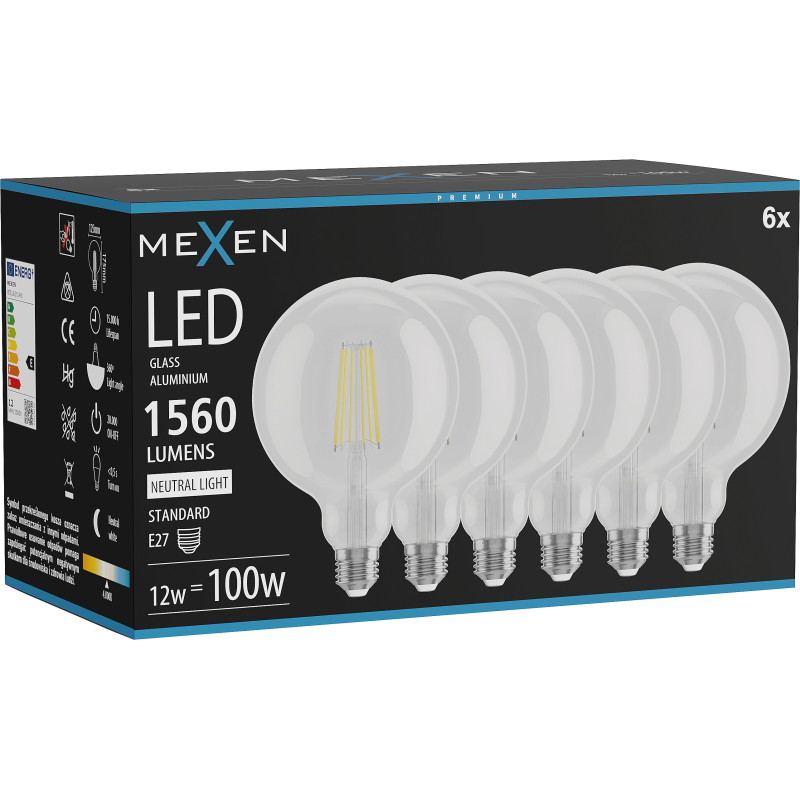 Mexen Vintis 6x Žiarovka filament LED E27, G125, 12W, Neutrálna - 4000K, 1560 lm, číra - L158-E27-1240-00x06