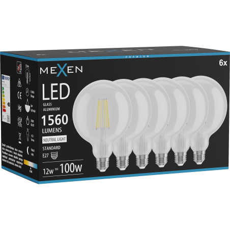 Mexen Vintis 6x Žiarovka filament LED E27, G125, 12W, Neutrálna - 4000K, 1560 lm, číra - L158-E27-1240-00x06