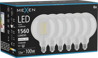 Mexen Vintis 6x Žiarovka filament LED E27, G125, 12W, Neutrálna - 4000K, 1560 lm, číra - L158-E27-1240-00x06