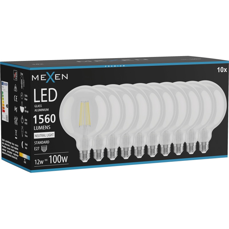 Mexen Vintis 10x Žiarovka filament LED E27, G125, 12W, Neutrálna - 4000K, 1560 lm, číra - L158-E27-1240-00x10