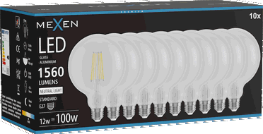 Mexen Vintis 10x Žiarovka filament LED E27, G125, 12W, Neutrálna - 4000K, 1560 lm, číra - L158-E27-1240-00x10