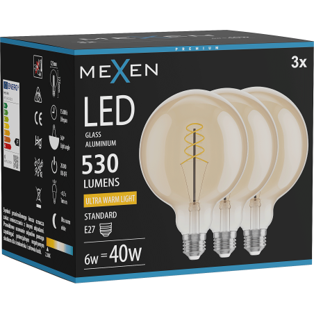 Mexen Vintis 3x Žiarovka filament špirála LED E27, G125, 6W, Teplá - 2200K, 530 lm, jantárová - L168-E27-0622-50x03