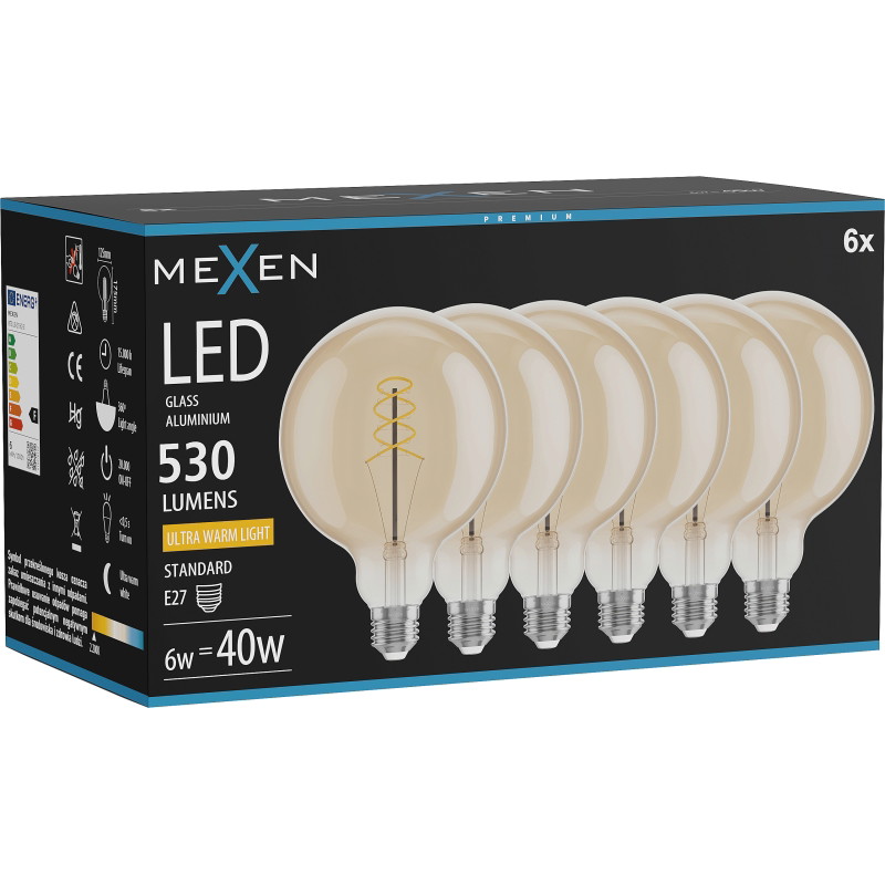 Mexen Vintis 6x Žiarovka filament špirála LED E27, G125, 6W, Teplá - 2200K, 530 lm, amber - L168-E27-0622-50x06