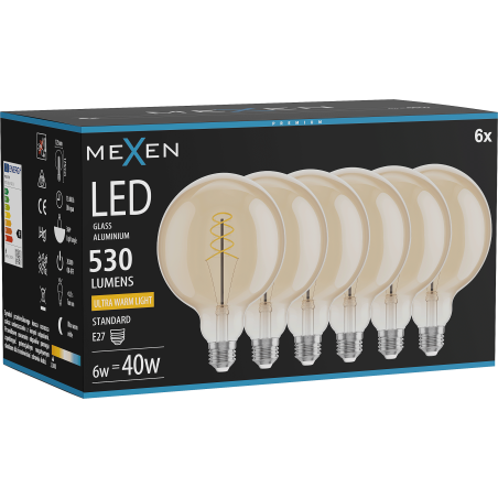 Mexen Vintis 6x Žiarovka filament špirála LED E27, G125, 6W, Teplá - 2200K, 530 lm, amber - L168-E27-0622-50x06