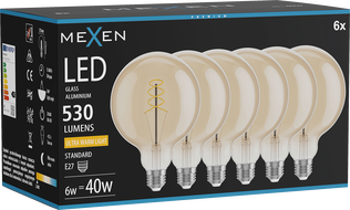 Mexen Vintis 6x Žiarovka filament špirála LED E27, G125, 6W, Teplá - 2200K, 530 lm, amber - L168-E27-0622-50x06