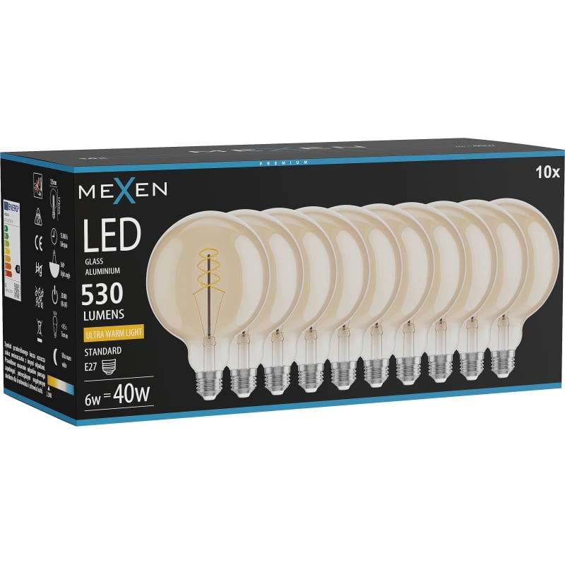 Mexen Vintis 10x LED žiarovka filament špirála E27, G125, 6W, Teplá - 2200K, 530 lm, jantárová - L168-E27-0622-50x10