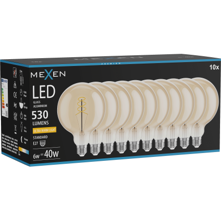 Mexen Vintis 10x LED žiarovka filament špirála E27, G125, 6W, Teplá - 2200K, 530 lm, jantárová - L168-E27-0622-50x10
