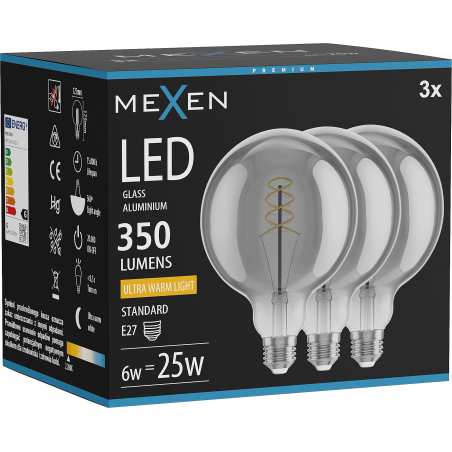 Mexen Vintis 3x Žiarovka filament špirála LED E27, G125, 6W, Teplá - 2200K, 350 lm, smoke - L168-E27-0622-70x03