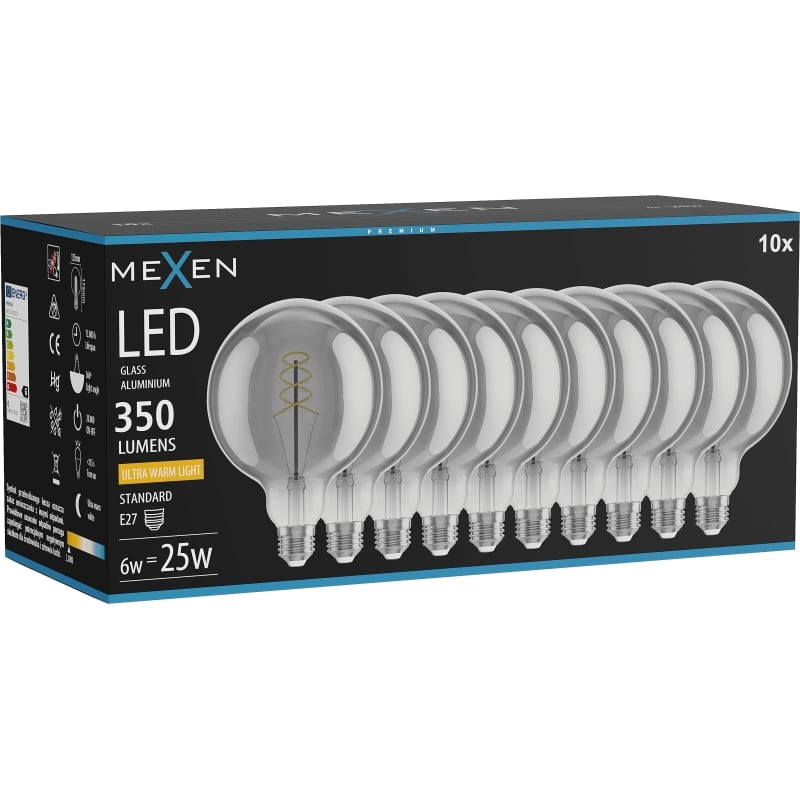 Mexen Vintis 10x žiarovka filament špirála LED E27, G125, 6W, Teplá - 2200K, 350 lm, dymová - L168-E27-0622-70x10