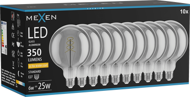 Mexen Vintis 10x žiarovka filament špirála LED E27, G125, 6W, Teplá - 2200K, 350 lm, dymová - L168-E27-0622-70x10