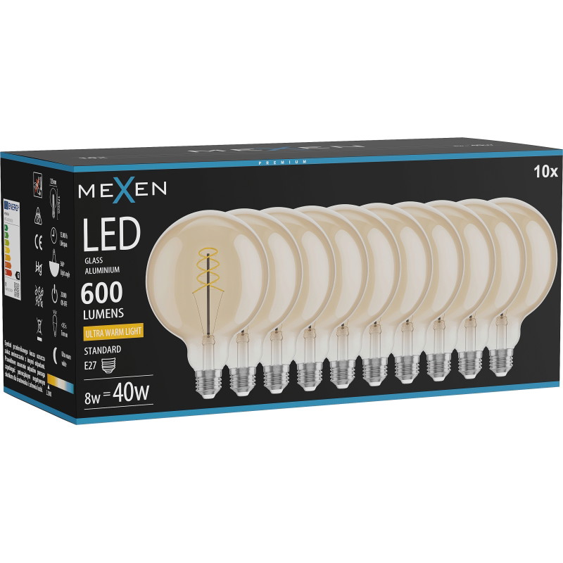 Mexen Vintis 10x žiarovka filament špirála LED E27, G125, 8W, Teplá - 2200K, 600 lm, jantárová - L168-E27-0822-50x10