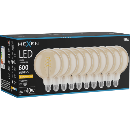 Mexen Vintis 10x žiarovka filament špirála LED E27, G125, 8W, Teplá - 2200K, 600 lm, jantárová - L168-E27-0822-50x10
