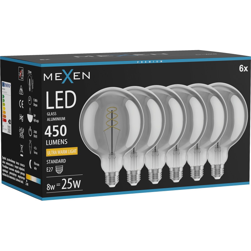 Mexen Vintis 6x Žiarovka filament špirála LED E27, G125, 8W, Teplá - 2200K, 450 lm, dymová - L168-E27-0822-70x06