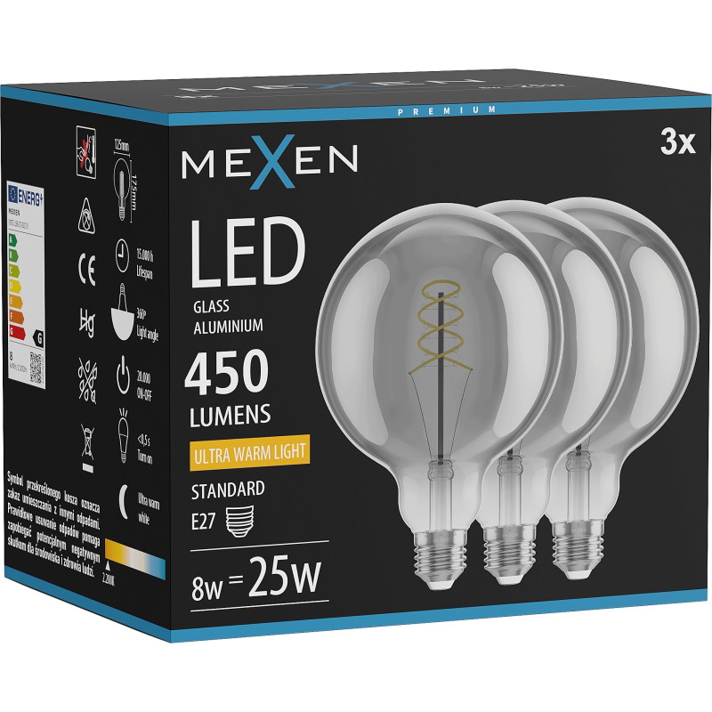 Mexen Vintis 3x LED žiarovka s filamentovou špirálou E27, G125, 8W, Teplá - 2200K, 450 lm, dymová - L168-E27-0822-70x03