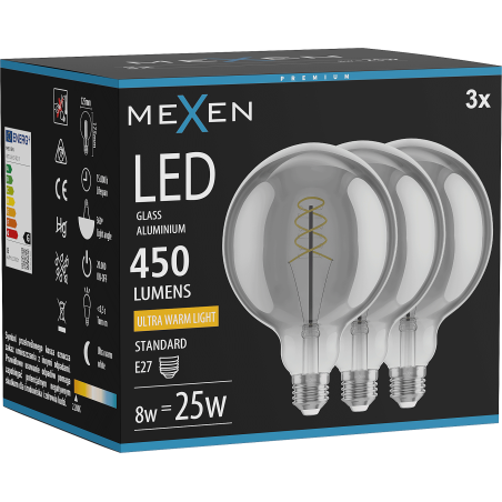 Mexen Vintis 3x LED žiarovka s filamentovou špirálou E27, G125, 8W, Teplá - 2200K, 450 lm, dymová - L168-E27-0822-70x03