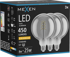 Mexen Vintis 3x LED žiarovka s filamentovou špirálou E27, G125, 8W, Teplá - 2200K, 450 lm, dymová - L168-E27-0822-70x03
