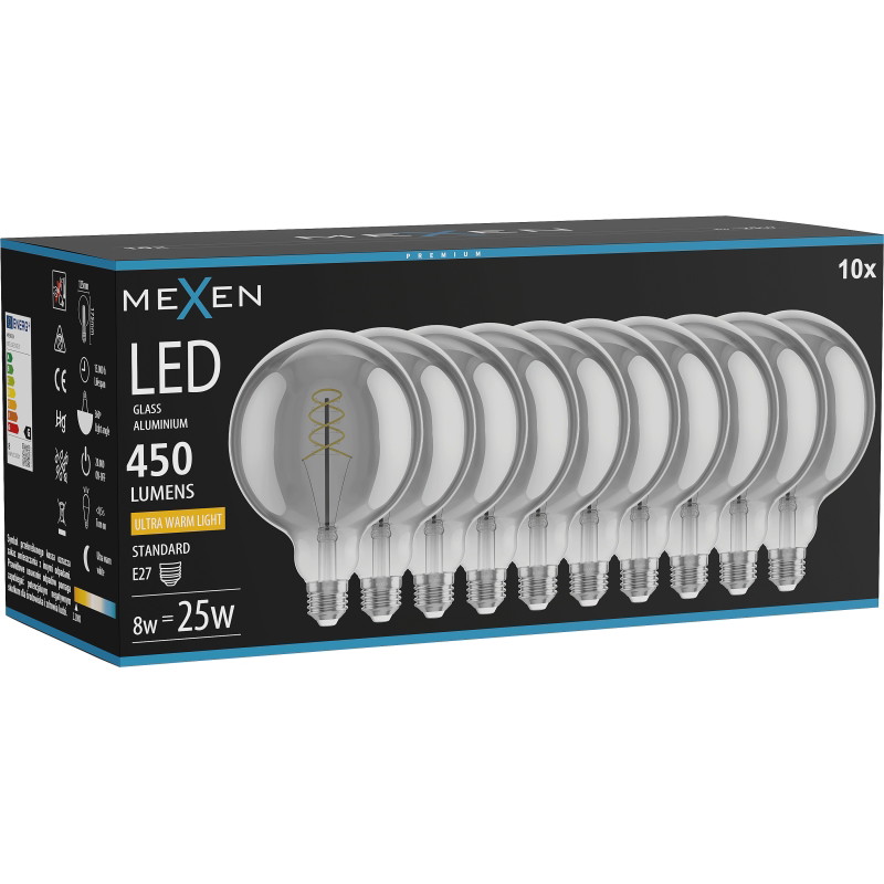 Mexen Vintis 10x žiarovka filament špirála LED E27, G125, 8W, Teplá - 2200K, 450 lm, smoke - L168-E27-0822-70x10