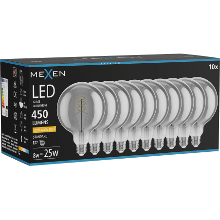 Mexen Vintis 10x žiarovka filament špirála LED E27, G125, 8W, Teplá - 2200K, 450 lm, smoke - L168-E27-0822-70x10