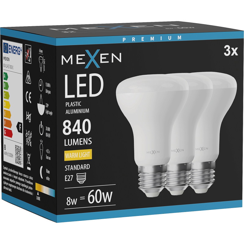 Mexen Nova 3x LED žiarovka E27, R63, 8W, Teplá - 3000K, 840 lm - L104-E27-0830-01x03