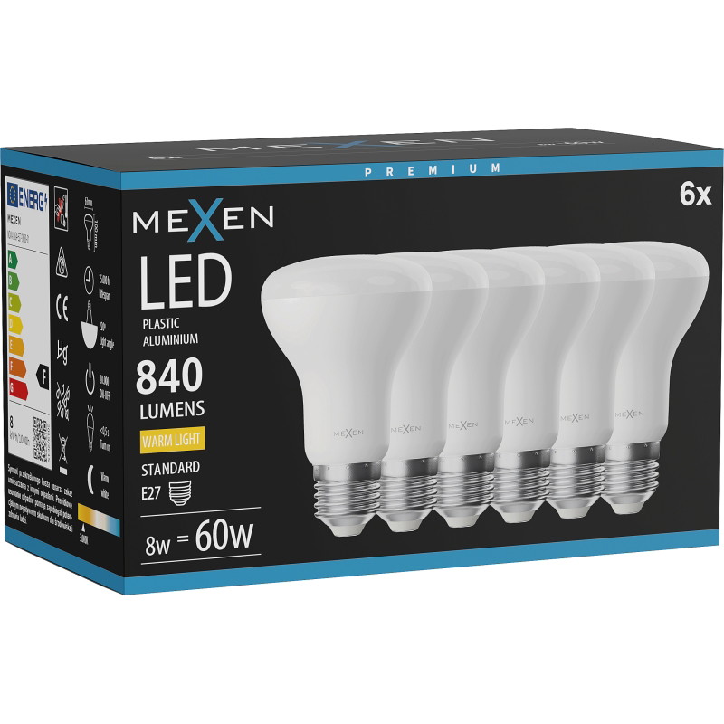 Mexen Nova 6x LED žiarovka E27, R63, 8W, Teplá - 3000K, 840 lm - L104-E27-0830-01x06