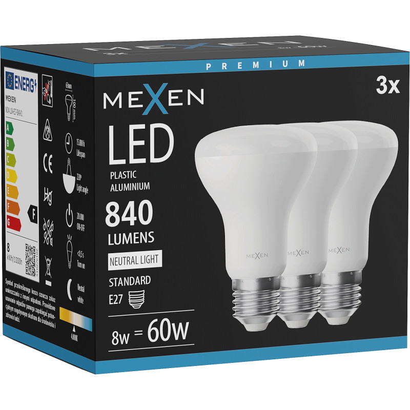 Mexen Nova 3x LED žiarovka E27, R63, 8W, Neutrálna - 4000K, 840 lm - L104-E27-0840-01x03