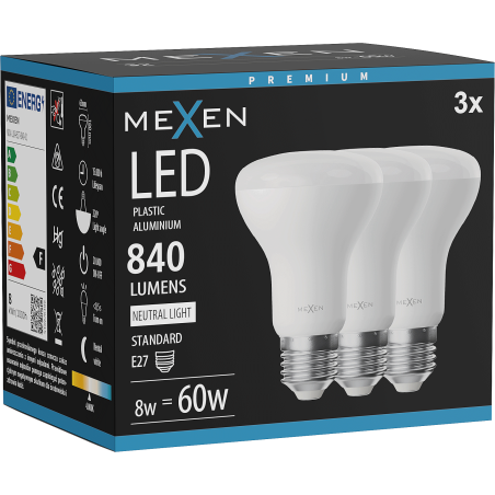 Mexen Nova 3x LED žiarovka E27, R63, 8W, Neutrálna - 4000K, 840 lm - L104-E27-0840-01x03
