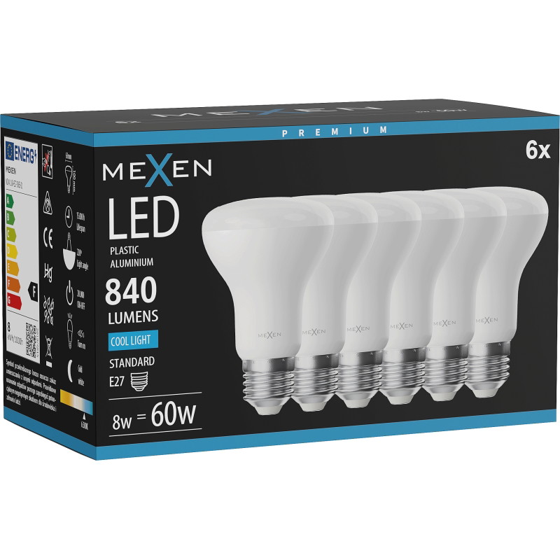 Mexen Nova 6x LED žiarovka E27, R63, 8W, Studená - 6500K, 840 lm - L104-E27-0865-01x06