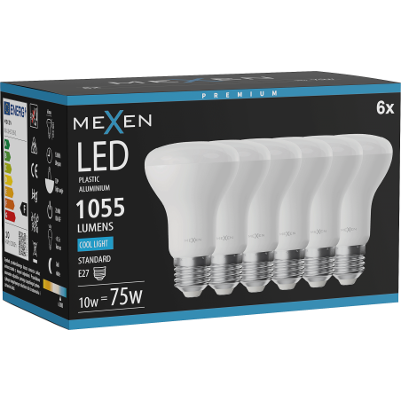Mexen Nova 6x LED žiarovka E27, R63, 10W, Studená - 6500K, 1055 lm - L104-E27-1065-01x06