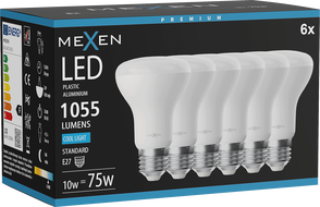 Mexen Nova 6x LED žiarovka E27, R63, 10W, Studená - 6500K, 1055 lm - L104-E27-1065-01x06
