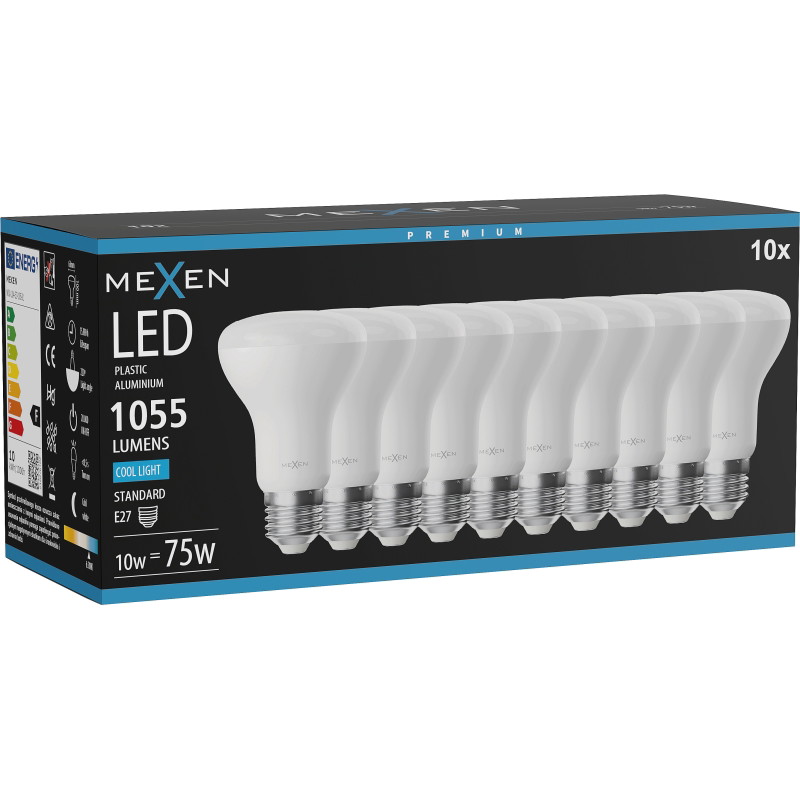 Mexen Nova 10x LED žiarovka E27, R63, 10W, Studená - 6500K, 1055 lm - L104-E27-1065-01x10