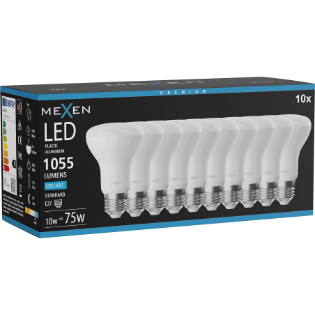Mexen Nova 10x LED žiarovka E27, R63, 10W, Studená - 6500K, 1055 lm - L104-E27-1065-01x10