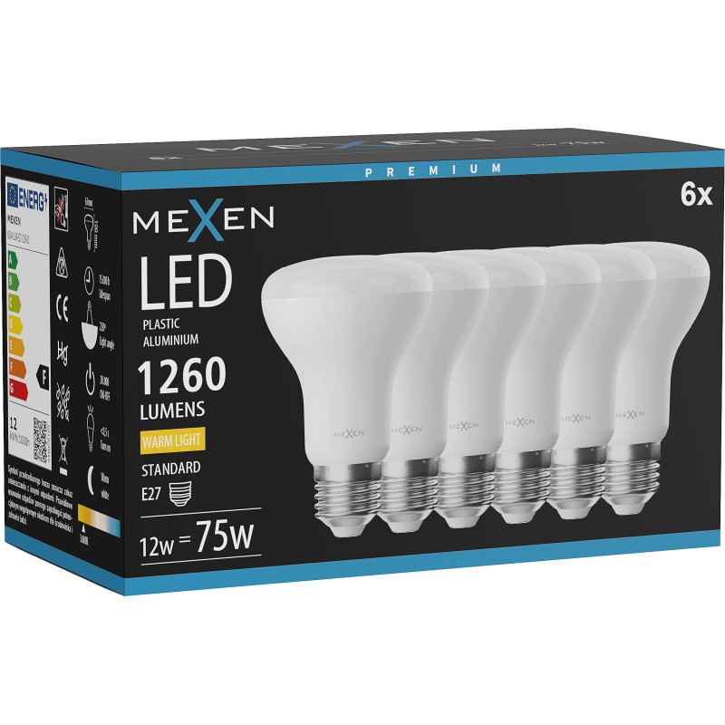 Mexen Nova 6x LED žiarovka E27, R63, 12W, Teplá - 3000K, 1260 lm - L104-E27-1230-01x06