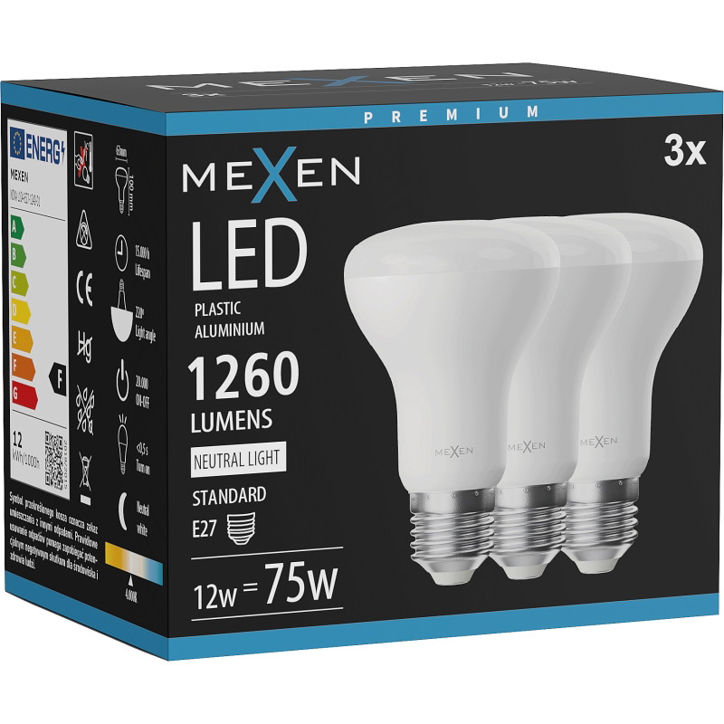 Mexen Nova 3x LED žiarovka E27, R63, 12W, Neutrálna - 4000K, 1260 lm - L104-E27-1240-01x03