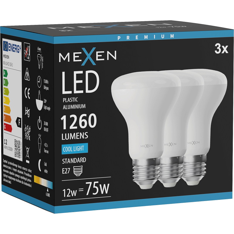 Mexen Nova 3x LED Žiarovka E27, R63, 12W, Studená - 6500K, 1260 lm - L104-E27-1265-01x03