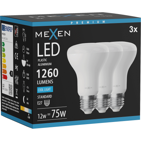 Mexen Nova 3x LED Žiarovka E27, R63, 12W, Studená - 6500K, 1260 lm - L104-E27-1265-01x03