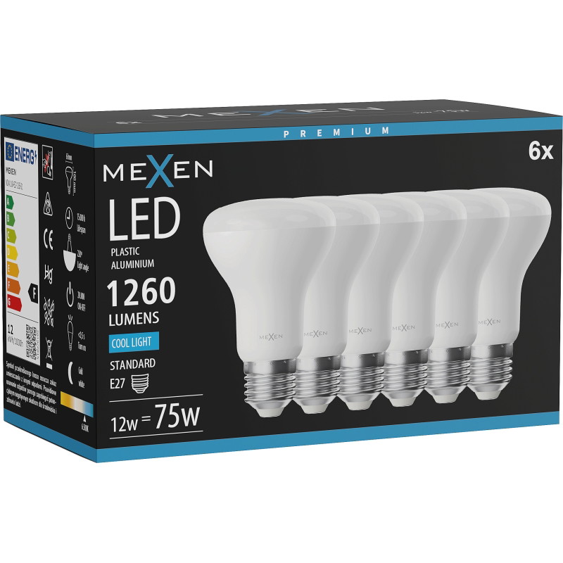 Mexen Nova 6x Žiarovka LED E27, R63, 12W, Studená - 6500K, 1260 lm - L104-E27-1265-01x06