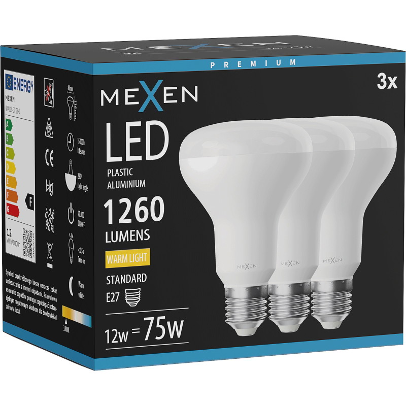 Mexen Nova 3x LED žiarovka E27, R80, 12W, Teplá - 3000K, 1260 lm - L105-E27-1230-01x03