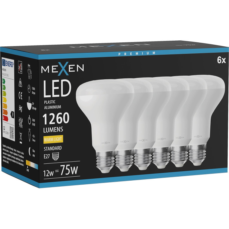 Mexen Nova 6x LED žiarovka E27, R80, 12W, Teplá - 3000K, 1260 lm - L105-E27-1230-01x06