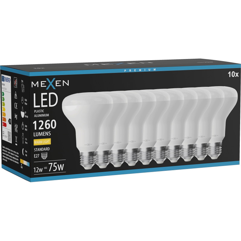 Mexen Nova 10x LED žiarovka E27, R80, 12W, Teplá - 3000K, 1260 lm - L105-E27-1230-01x10